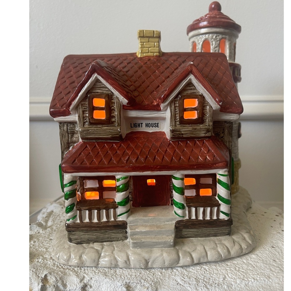 Vintage Ceramic Christmas Village Light House Coastal Cottage Lighthouse